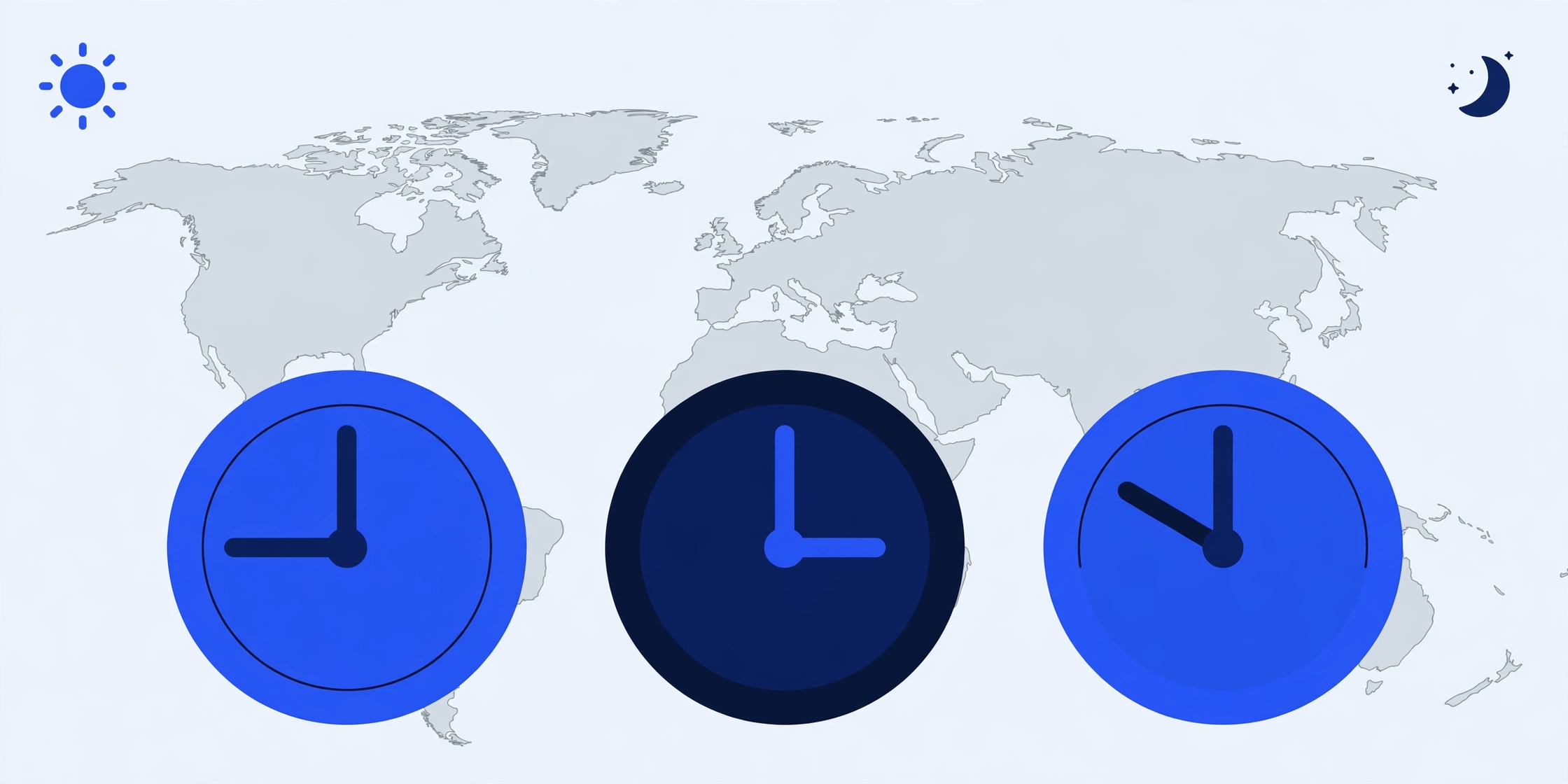 Three clocks showing different times in front of a world map, with a sun and a moon in opposite corners