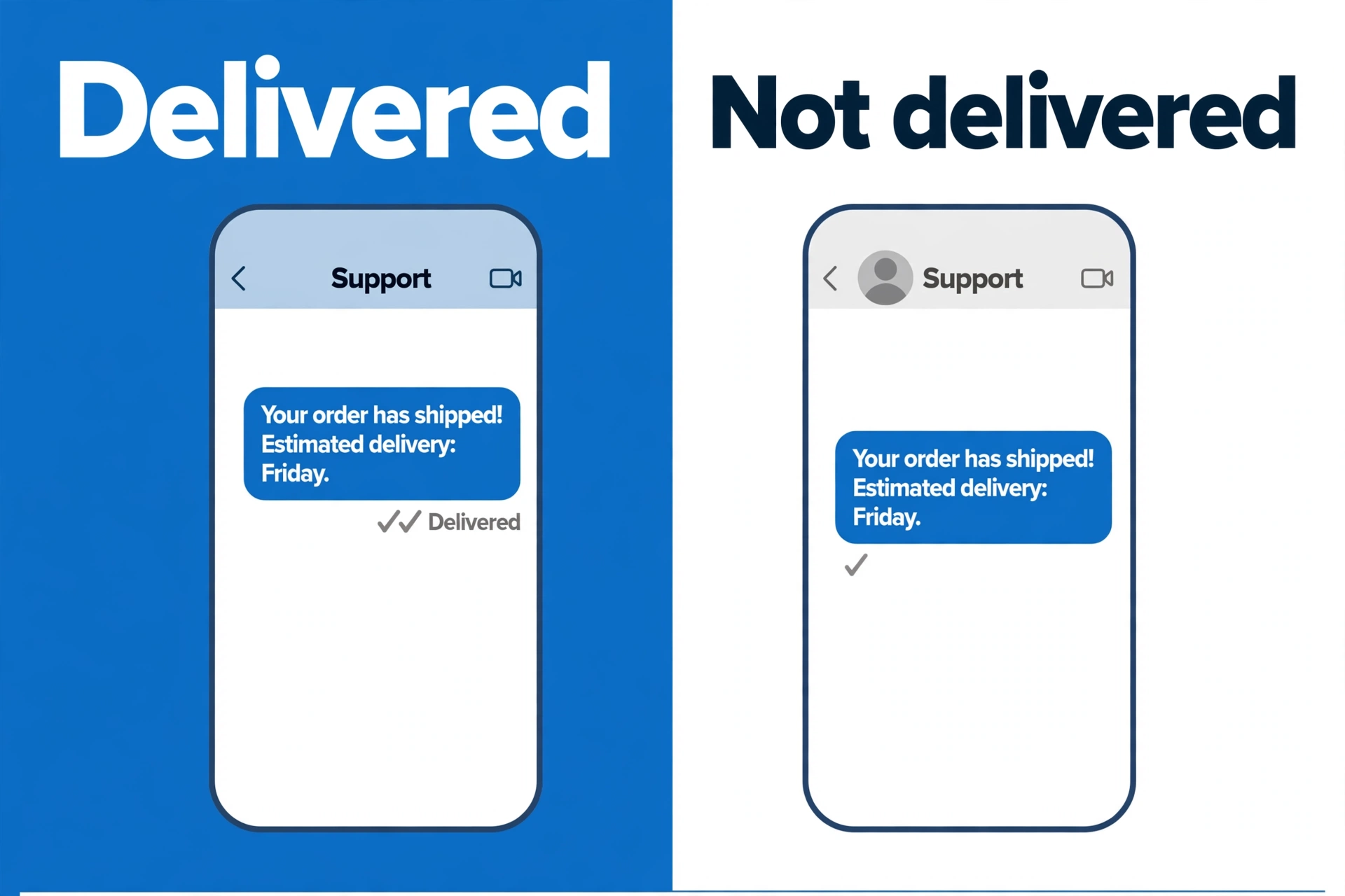 Side by side phone chats comparing a delivered message with two ticks and an undelivered message with one tick