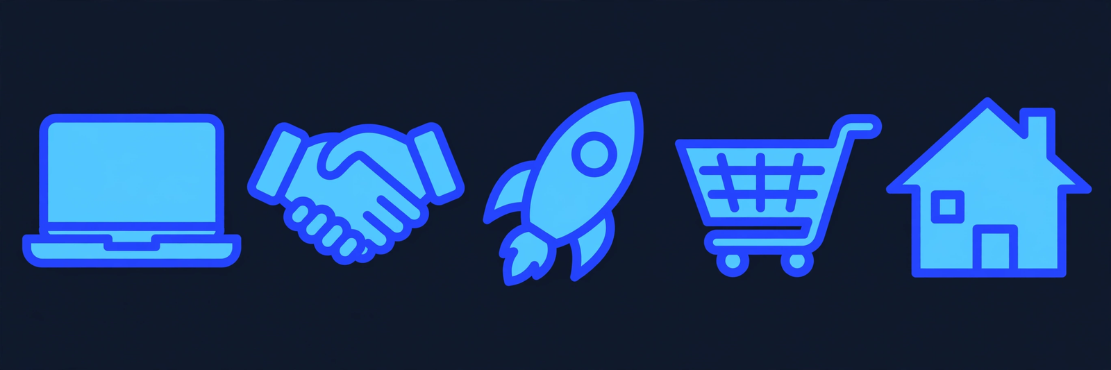 Five icons for a freelancer, two partners, a startup, an online store, and a real estate holder