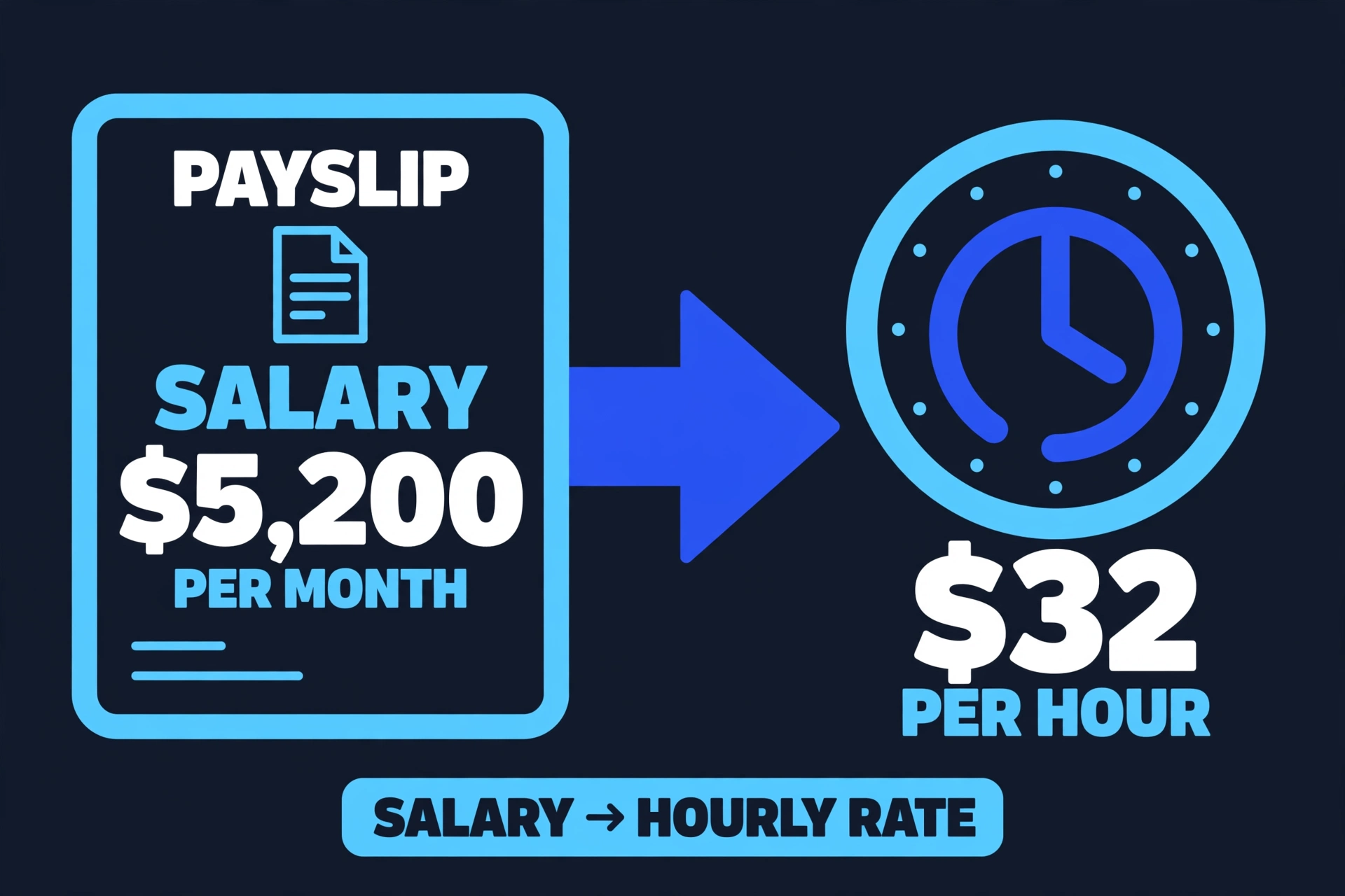 Payslip with a large salary figure and an arrow pointing to a clock, showing a salary converted into an hourly rate